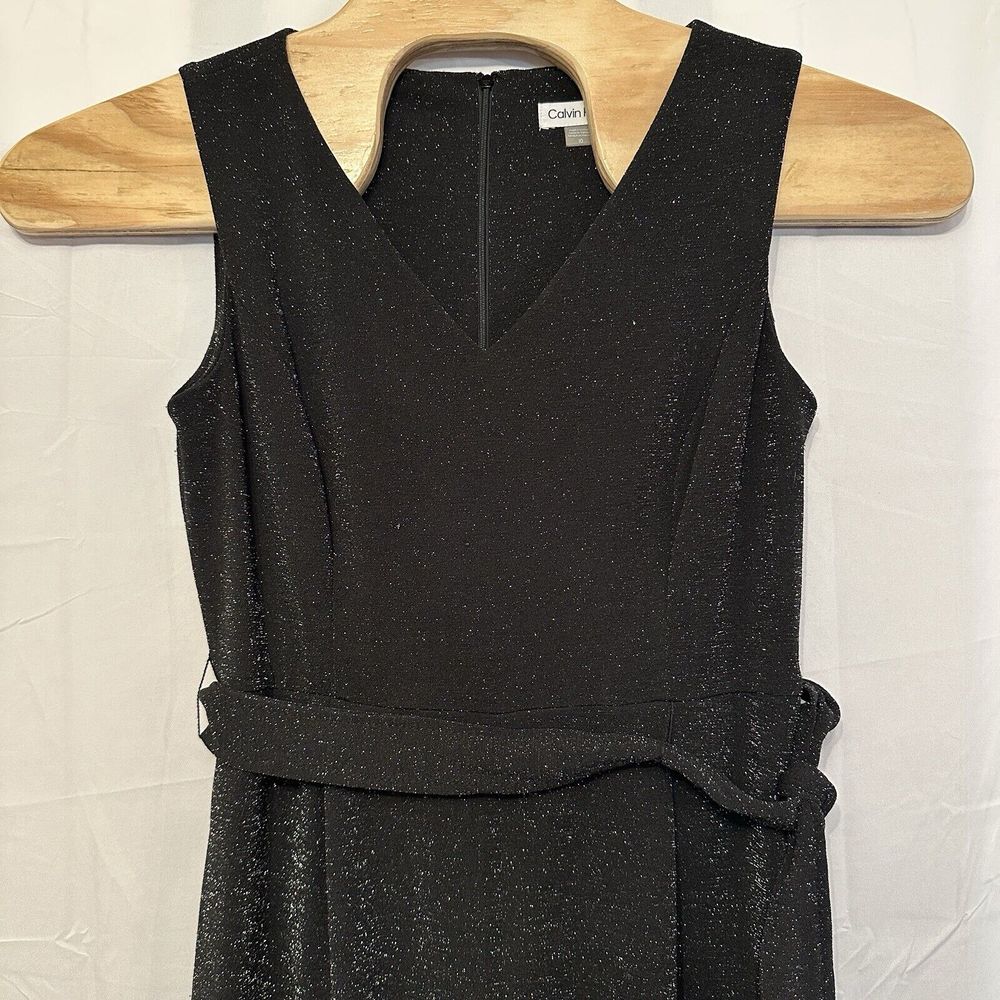 Calvin Klein Women's 10 Black Belted Wide Leg Jumpsuit Glitter Metallic V Neck - Picture 2 of 8